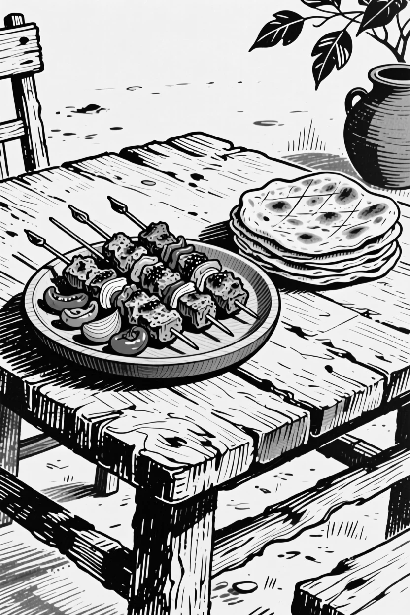 A rustic table with a spread of grilled kebabs and warm flatbread.