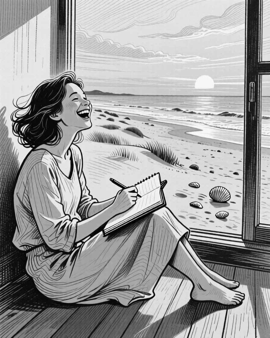 A woman sketching in a notebook by a window on a sandy beach at golden hour, with genuine laughter caught mid-moment, creating a deeply comforting lifestyle scene.