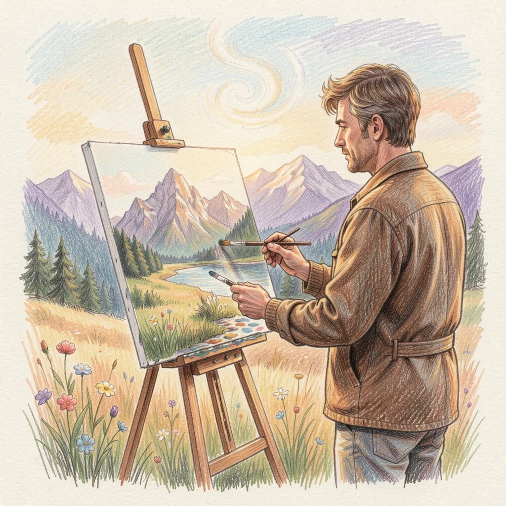 A painter capturing a mountain vista on canvas en plein air, framed thoughtfully to draw the eye toward the central subject, radiating comfort, joy, and quiet beauty.