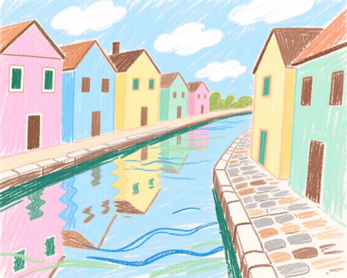 A canal lined with pastel colored houses reflecting in still water.