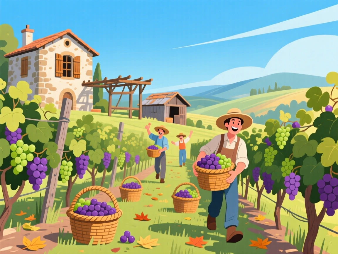 A scenic vineyard at harvest time with baskets of grapes, under a clear crisp blue sky, composed with charming architectural details in focus, with a joyful, adventurous atmosphere.