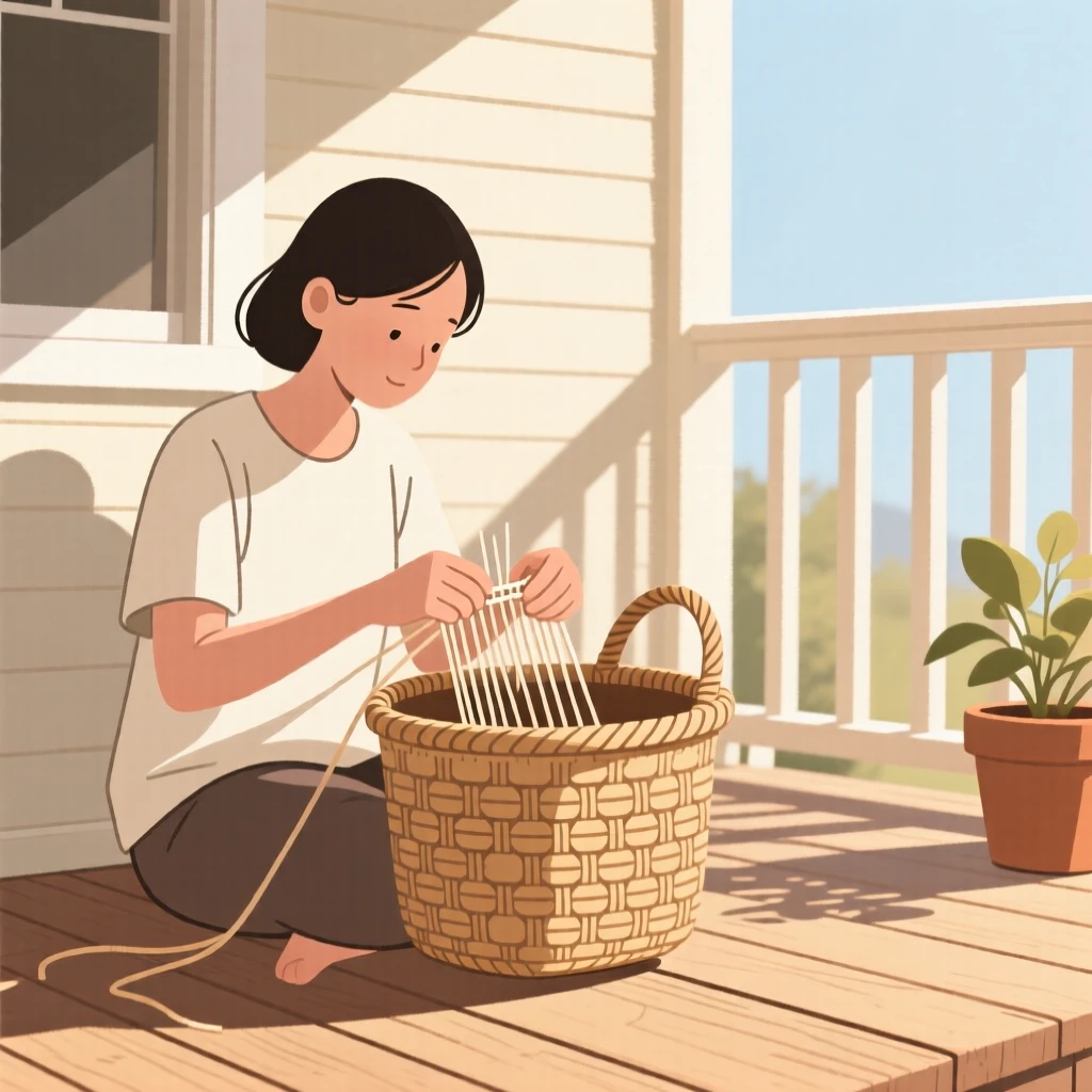 A person weaving a basket in a sunlit porch.