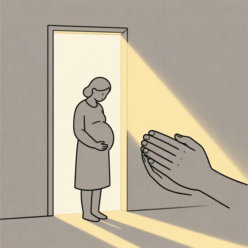 A quiet moment of gentle melancholy as a new parent pauses in a sunlit doorway beside a pair of clasped hands.