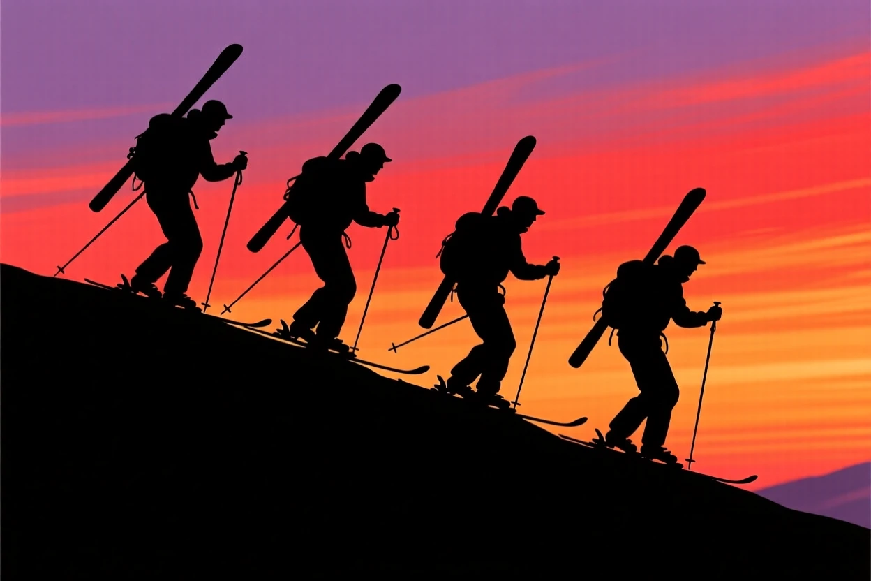 A group of skiers hiking up a ridge line with skis slung over their shoulders.