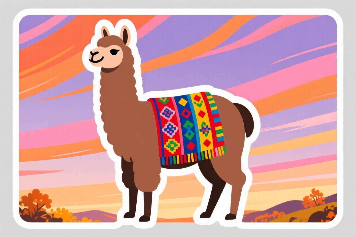 A vibrant and inviting Peruvian llama wearing a woven blanket, under a sky streaked with warm colors, during the region's most beautiful season.
