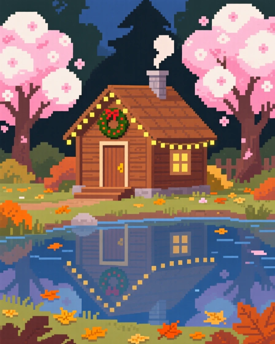 A cabin decorated for the holidays reflected in a calm autumn pond, in a garden bursting with cherry blossoms.
