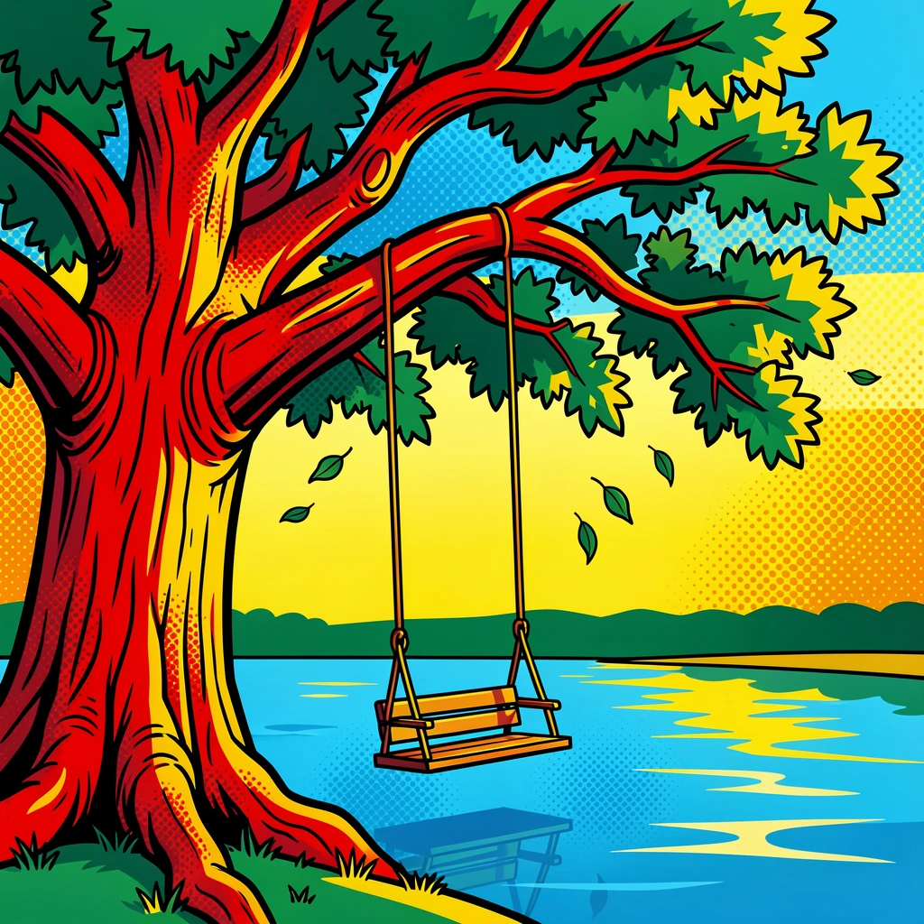 A wooden swing hanging from a large oak tree overlooking a lake