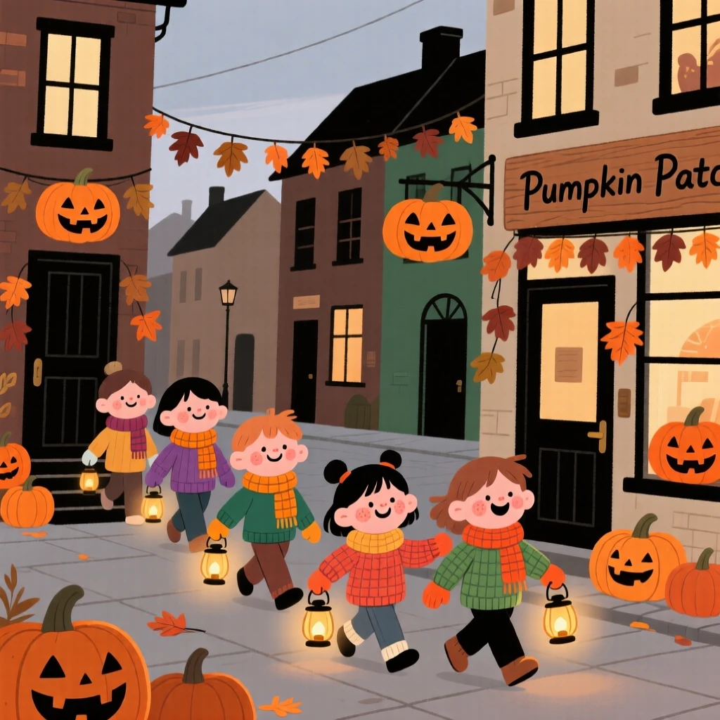 Children in knitted scarves and mittens carry lanterns through a small town square decorated for Halloween, giggling at every doorway.