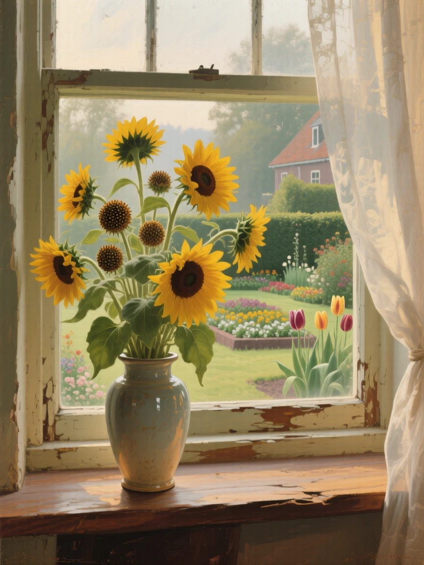 An intimate close-up of a vase of sunflowers on a windowsill overlooking a garden, in the Edwardian era, in the Dutch countryside.