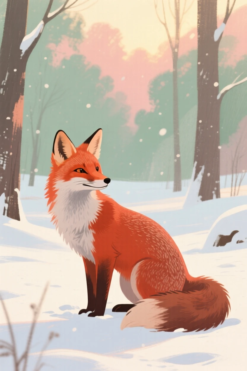A red fox pausing in a snowy forest clearing at dawn