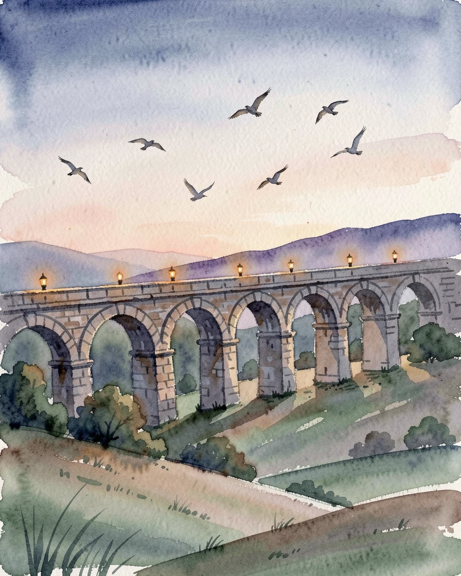 An old stone aqueduct stretching across a valley as lanterns are lit at dusk with birds circling overhead.