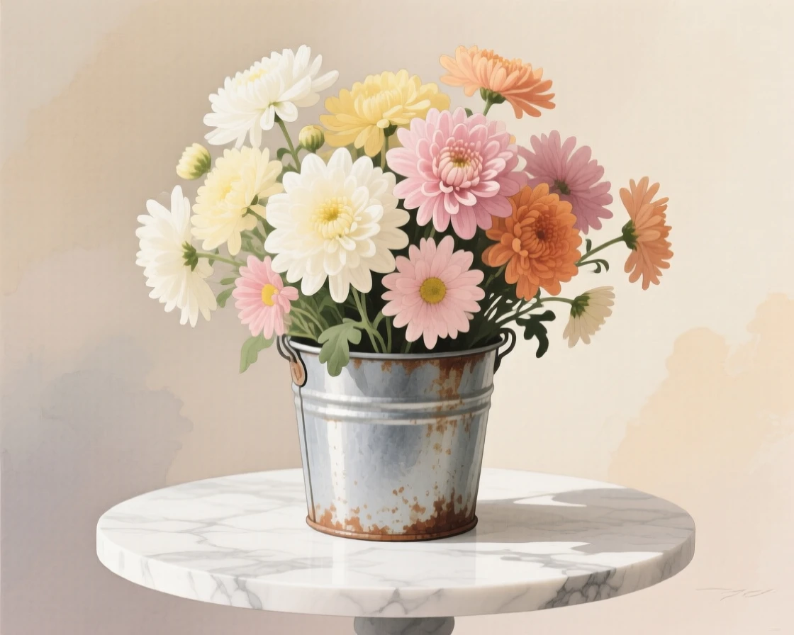 A bouquet of chrysanthemums in soft, layered tones fills a rustic tin bucket on a marble side table, petals catching the gentle light
