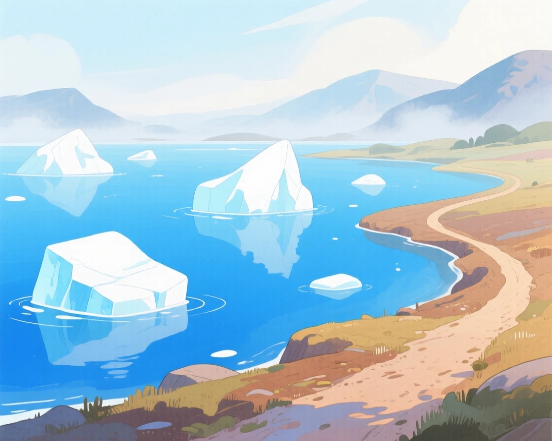 A glacier lake with icebergs floating in blue water, with a winding dirt path disappearing into the distance, inspiring a sense of calm and wonder.
