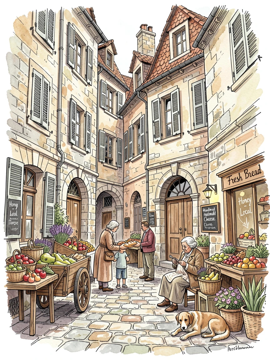 A cobbled market square framed by centuries-old stone buildings, small details of daily life scattered throughout the setting.