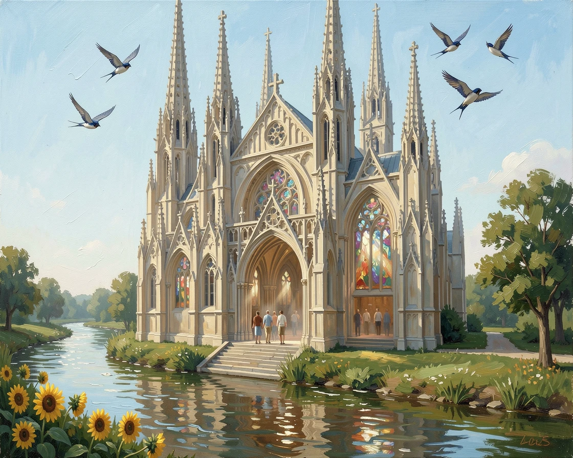 A grand Gothic cathedral with soaring spires, overlooking a winding river far below, tourists wandering quietly through its ancient halls, on a clear summer day with swallows circling the towers.