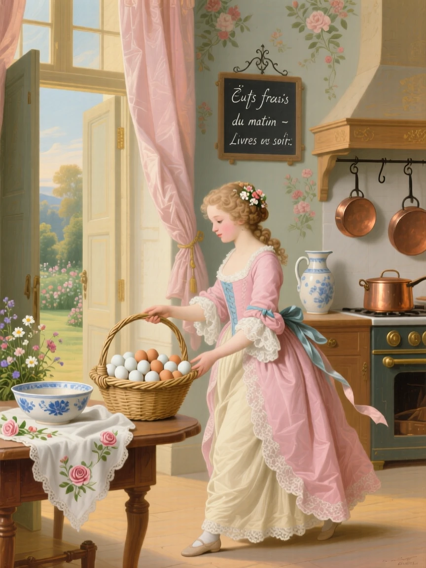 A girl delivering a basket of eggs to a manor kitchen  