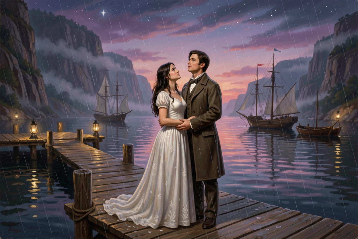 Two young lovers gaze at the stars from a harbor at dusk as rain falls softly around them.