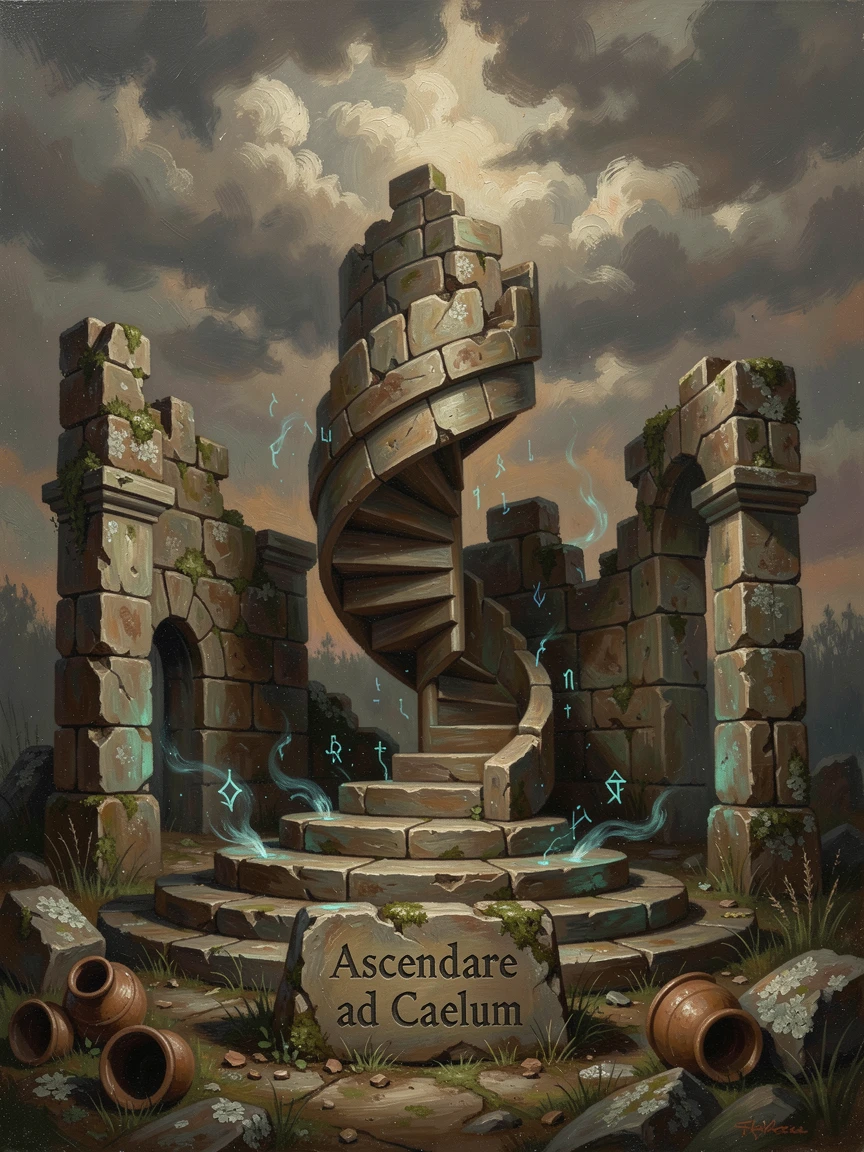 A hidden staircase spiraling up into the clouds from an ancient ruin, as glowing magical elements illuminate the surrounding darkness, evoking wonder, mystery, and epic storytelling