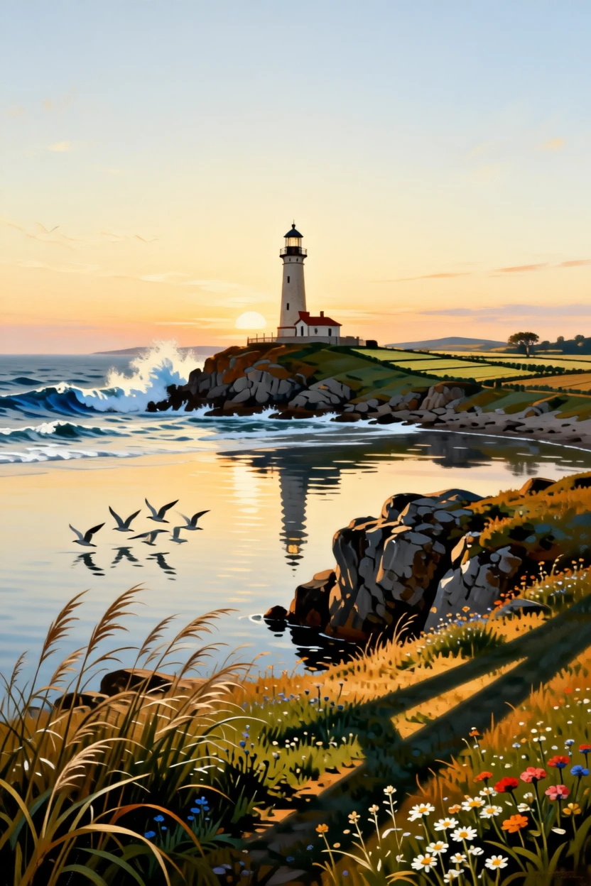 A rugged coastline with a lighthouse standing against crashing surf holding the hush of early morning before the world awakens, set at the edge where cultivated land meets wild nature, with birds gliding low over the water and long shadows stretching across the grass; foreground detail frames a sweeping, luminous background, radiating the serene majesty of untouched nature.