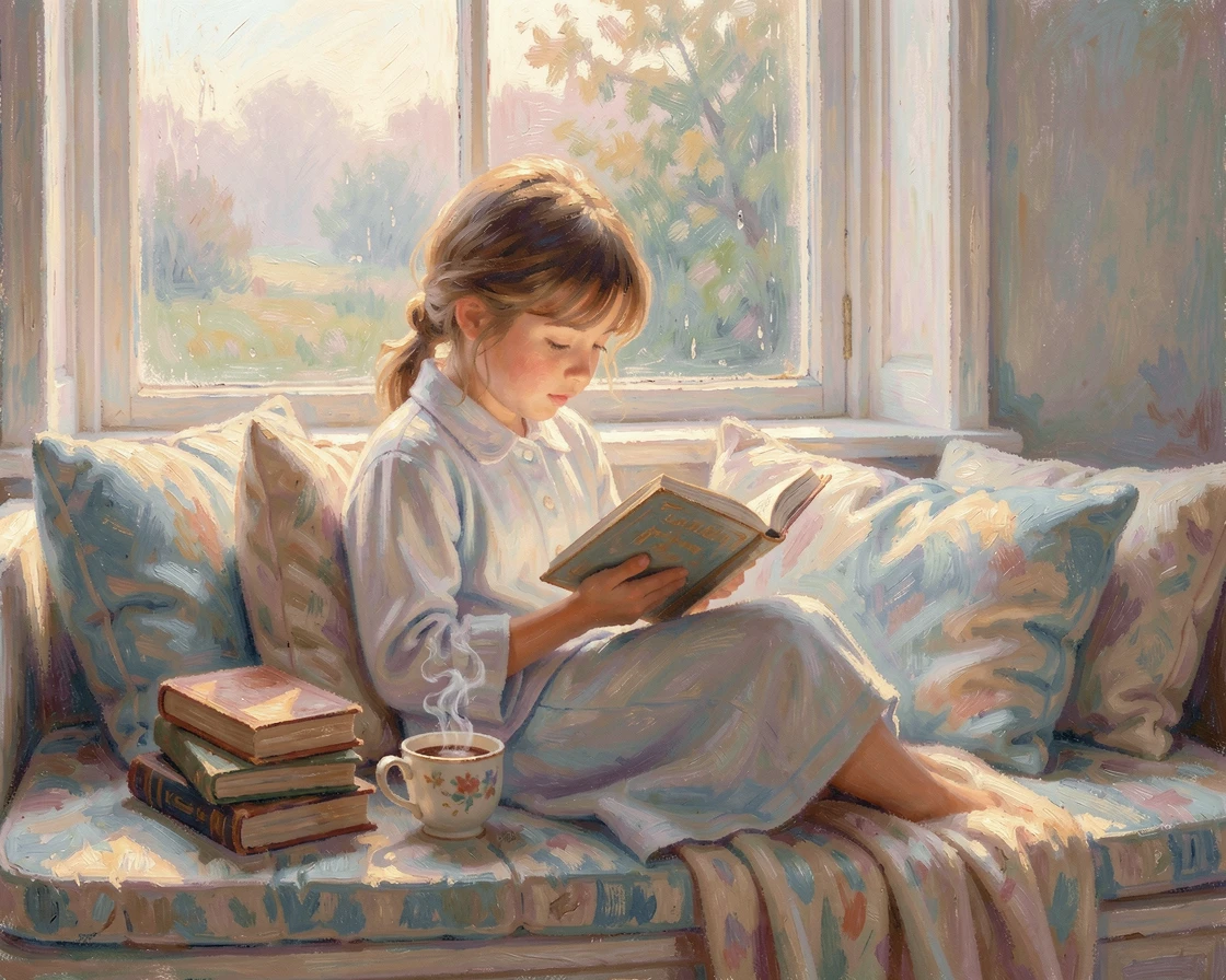 A young reader curled up in a window seat with a stack of books and a cup of cocoa, as the first light of dawn breaks, radiating serenity and gentle stillness.
