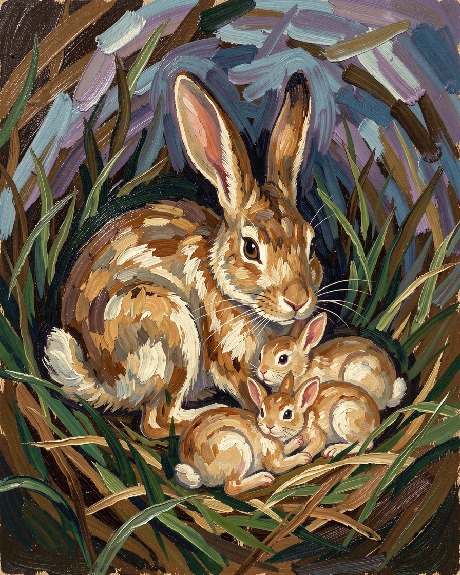 A mother rabbit nursing her litter in a burrow lined with soft grass.