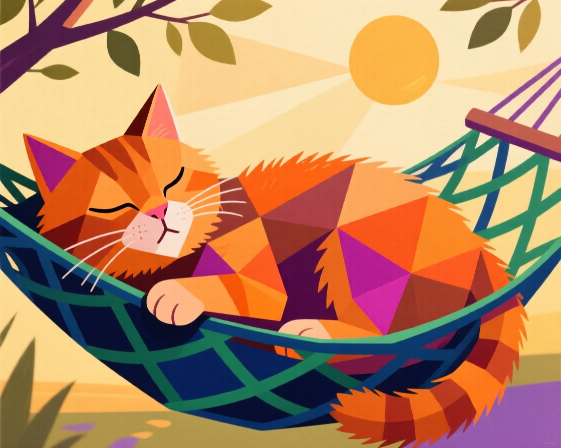 A charming portrait of a fluffy orange kitten dozing in a hammock on a summer afternoon, in the warm evening light.