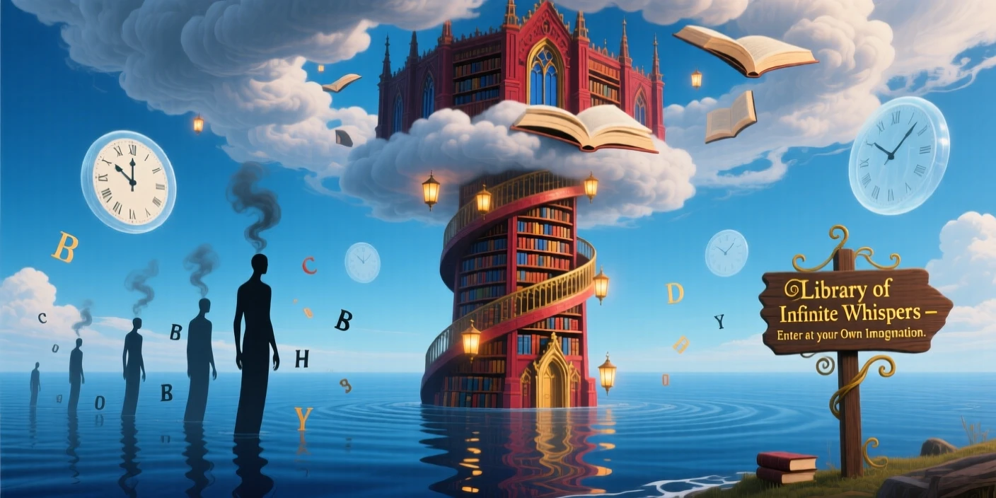 A library tower that spirals into the clouds reflects a version of itself upside down in the clouds, while its reflection ripples across a sky full of water.
