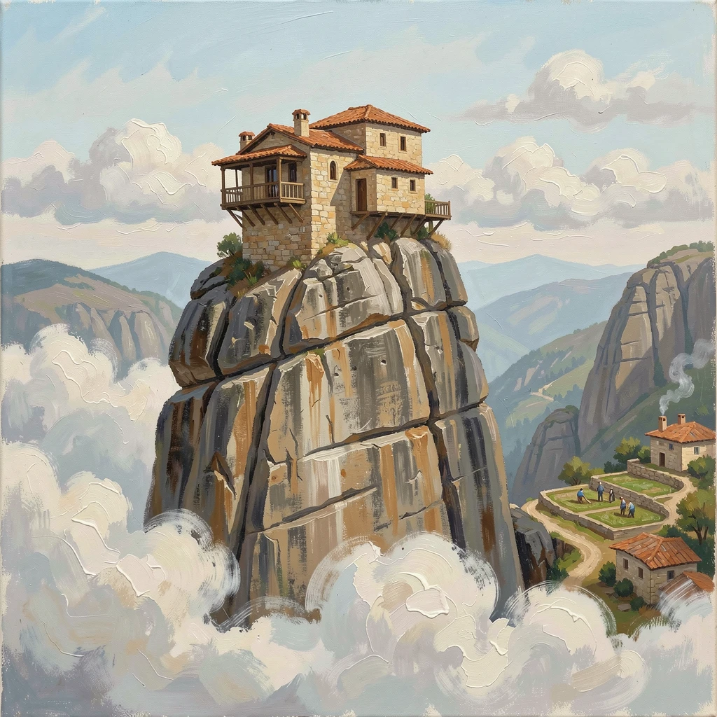 A hidden mountaintop monastery in Meteora, Greece, perches precariously atop a towering rock pillar, clouds drifting past at eye level, local life visible in the background, adding a quiet sense of authenticity to the scene.