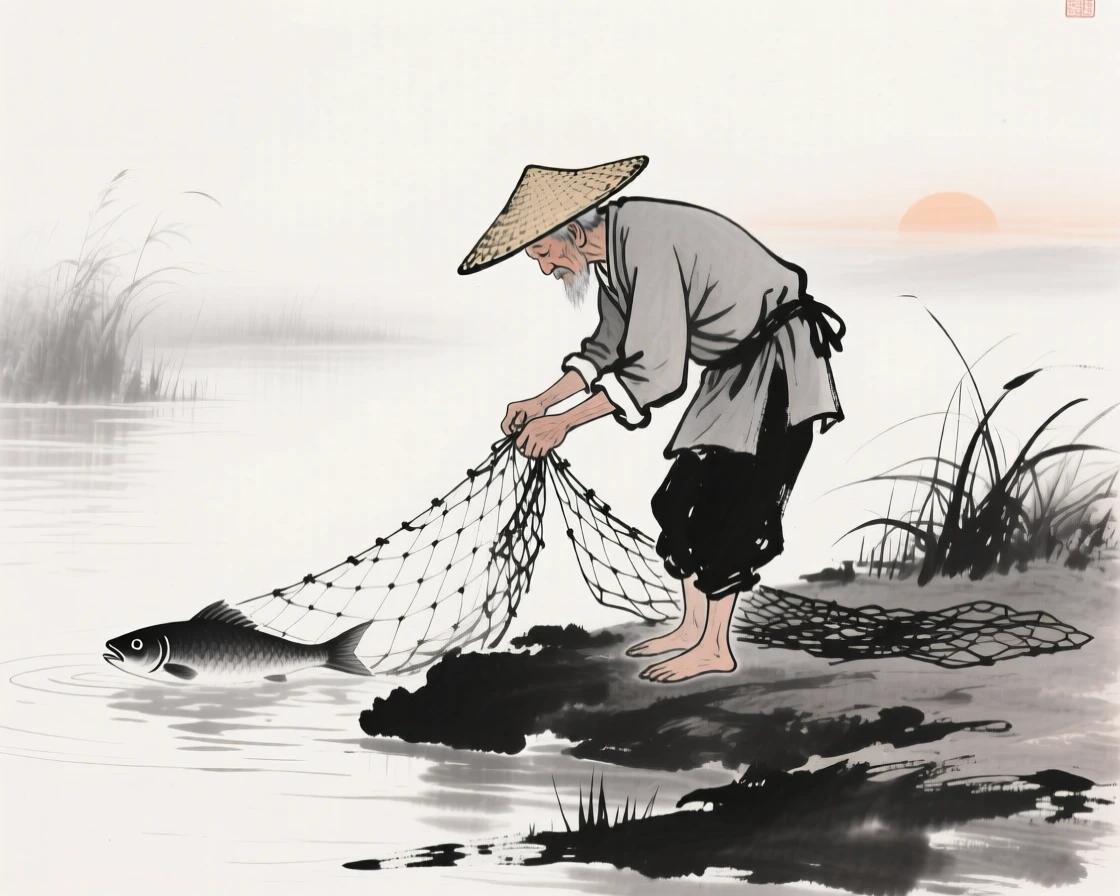 An old fisherman mends his nets on a quiet riverbank at dawn, with mist rising gently from the water's surface.