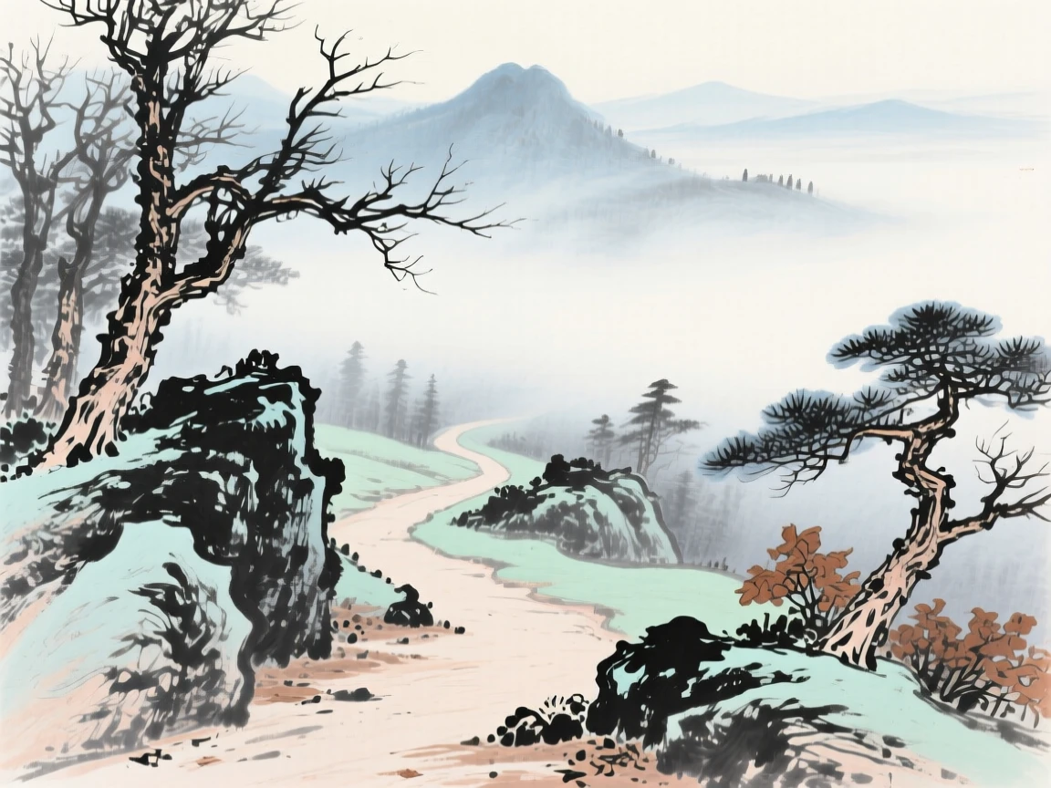 An empty mountain path disappearing into drifting fog, in the mild days of early winter, imbued with timeless calm.