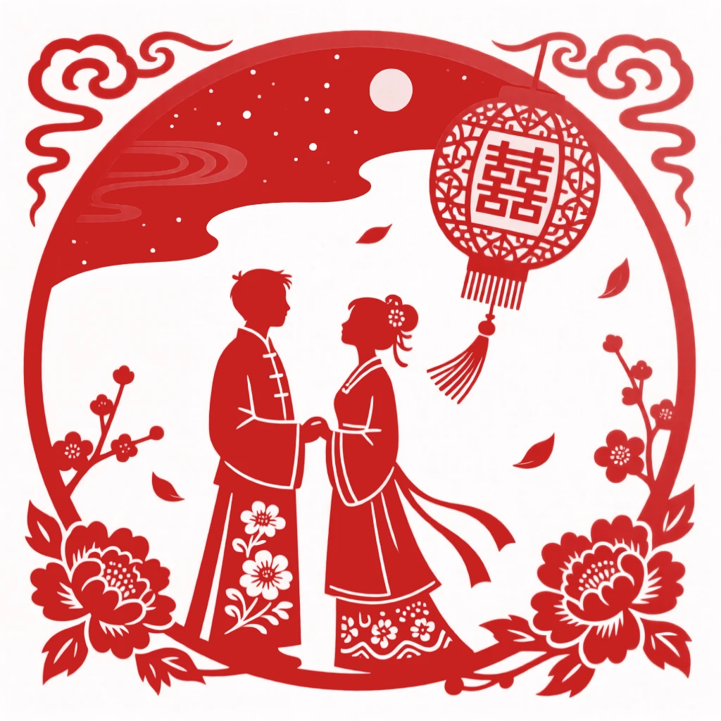 A betrothed couple releasing lanterns together into the night sky, petals drifting gently around them.