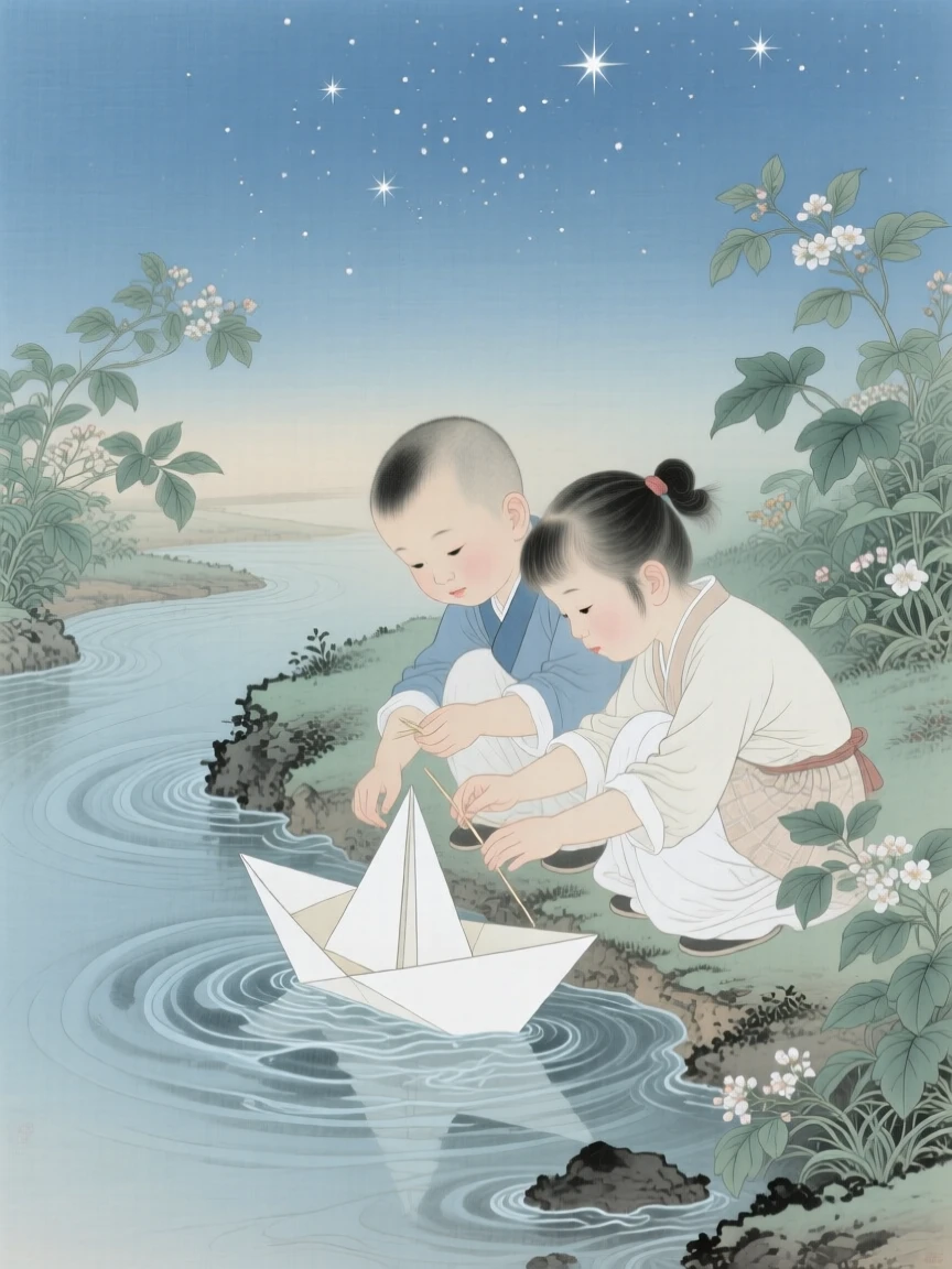Siblings building a small boat from paper to float down a garden stream, under a sky filled with the first stars of evening