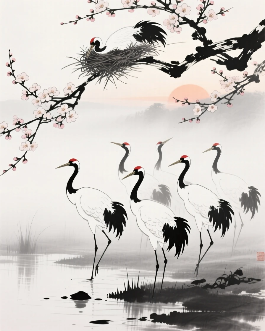 A flock of cranes nesting among blossoming branches above a misty wetland at dawn, seen up close with delicate feather detail, evoking grace, freedom, and quiet elegance.