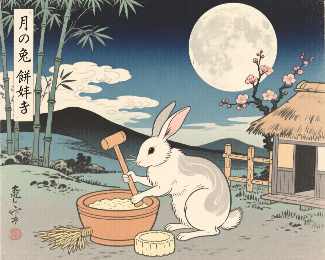 A moon rabbit pounding rice cakes beneath a full moon.