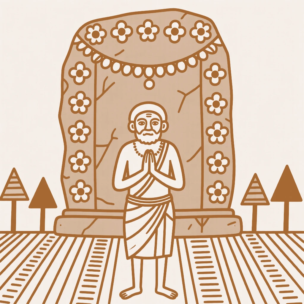 An elderly priest before a stone deity adorned with flowers.