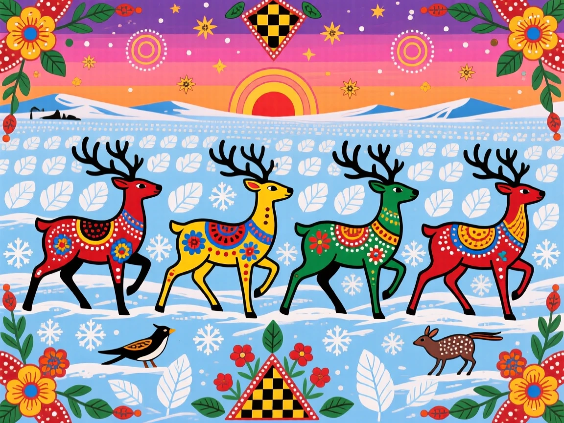 A reindeer herd moving across a snow-dusted tundra at dusk.