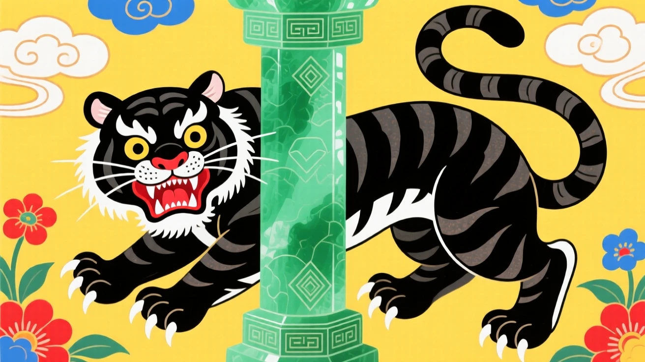 A fierce black tiger, coiling around a jade pillar.