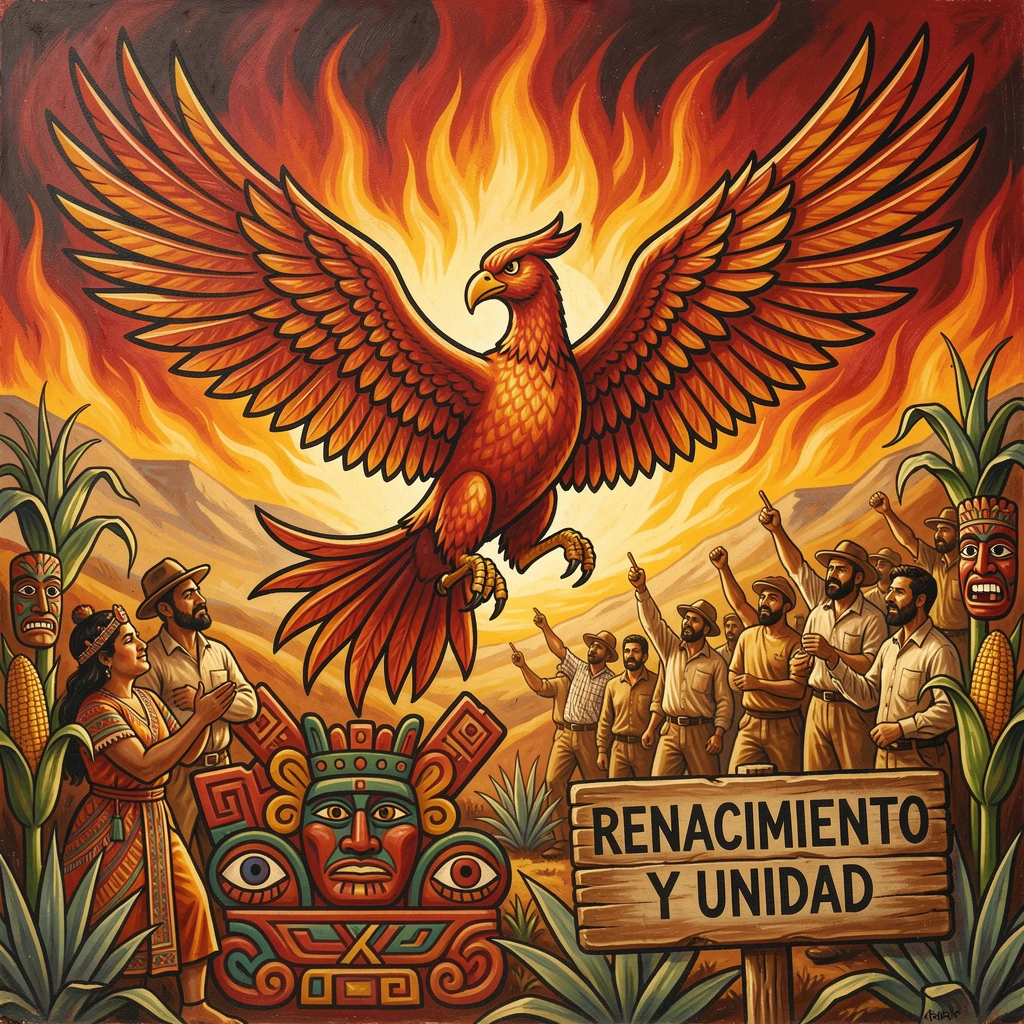 A mythical phoenix flying above a burning sunset sky