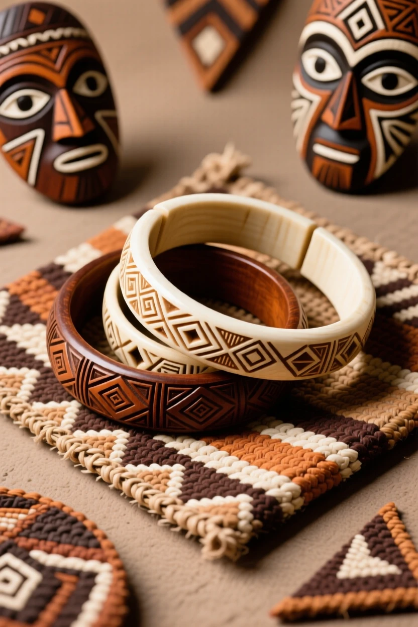 A set of hand-carved ivory bangles resting on a woven mat.