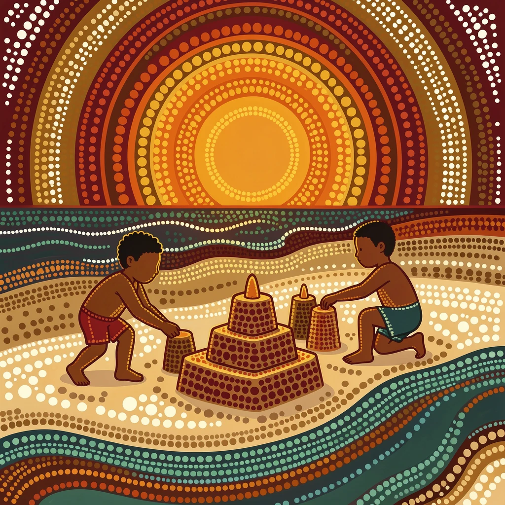 Children building sandcastles on a beach at sunrise