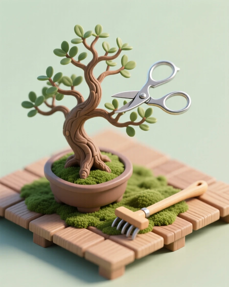 A bonsai tree pruning session on a quiet patio, tiny shears trimming delicate branches, and a rake smoothing the moss below.