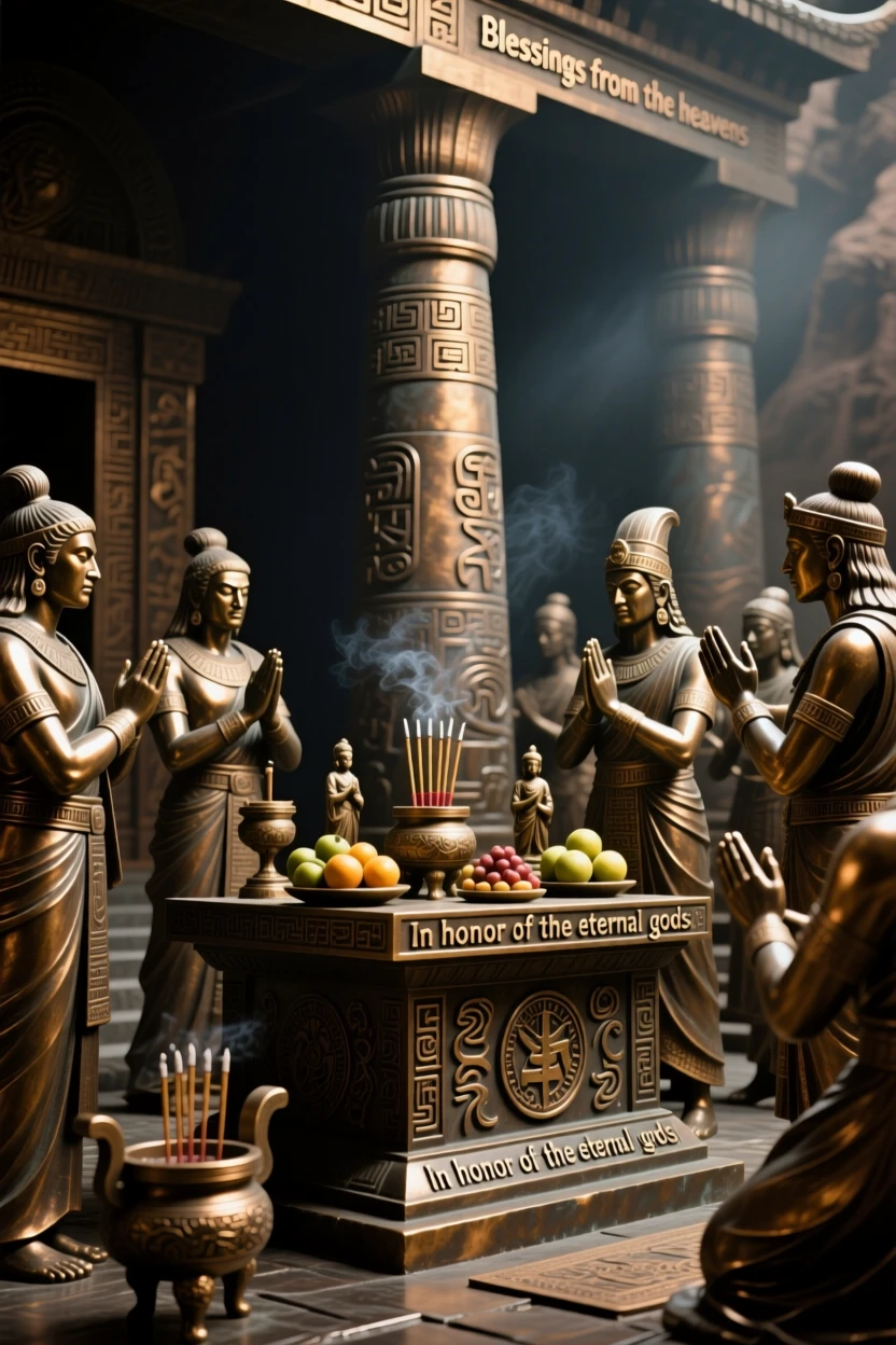 An ancient temple ceremony honoring the gods, bathed in dramatic, atmospheric light, evoking legend and timeless drama