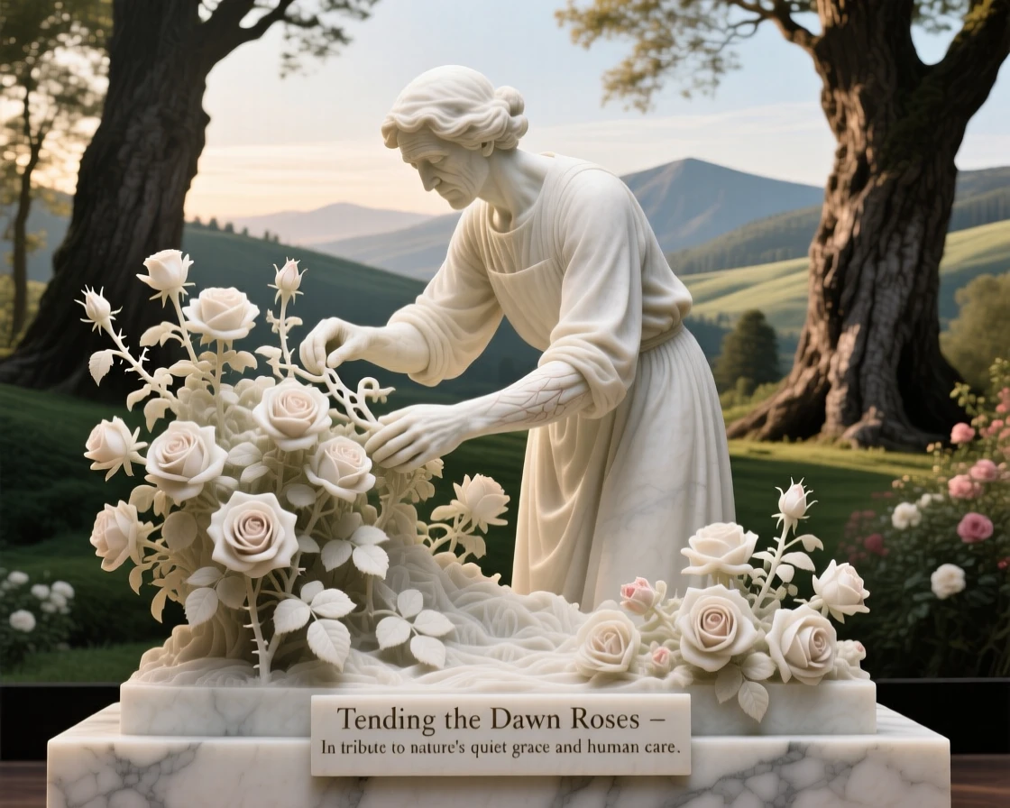 A vivid, emotionally rich scene of a gardener tending roses in early morning light, framed by dramatic natural scenery, designed to captivate and inspire