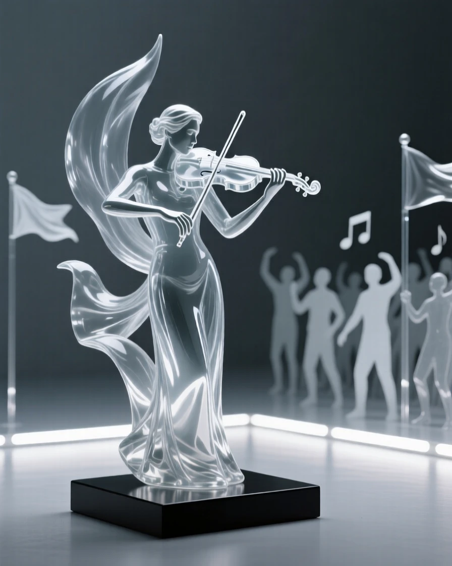 A violinist performing alone on an empty stage as a gentle breeze stirs the surrounding fabric and flags, while the crowd begins to sway together in rhythm