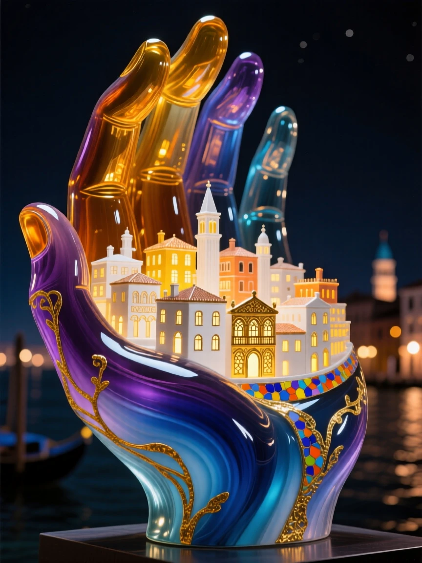 A giant hand gently cradling a tiny glowing city at night, tender and vast.