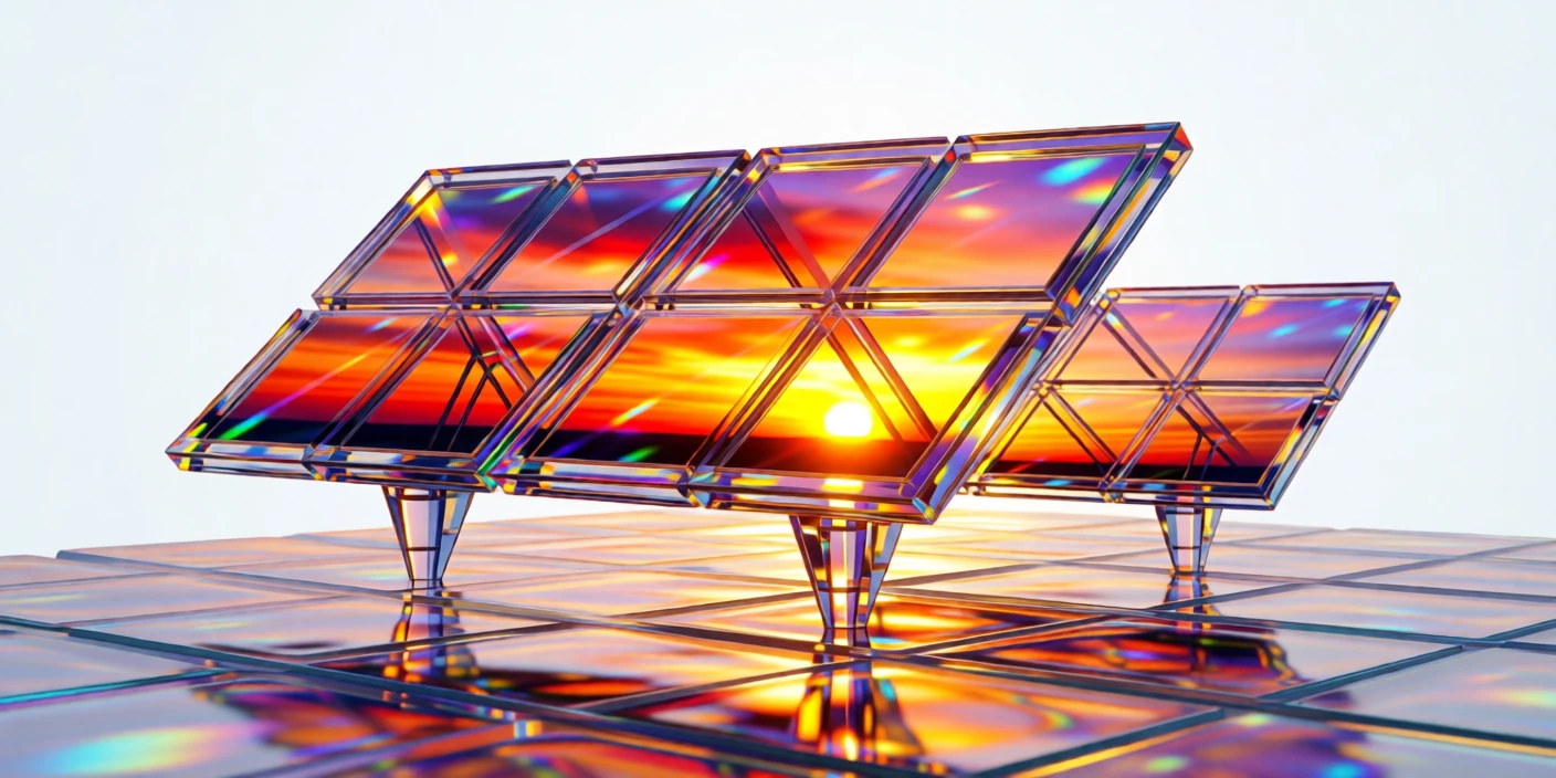 A floating solar farm array reflecting a vivid sunset across the ocean surface.