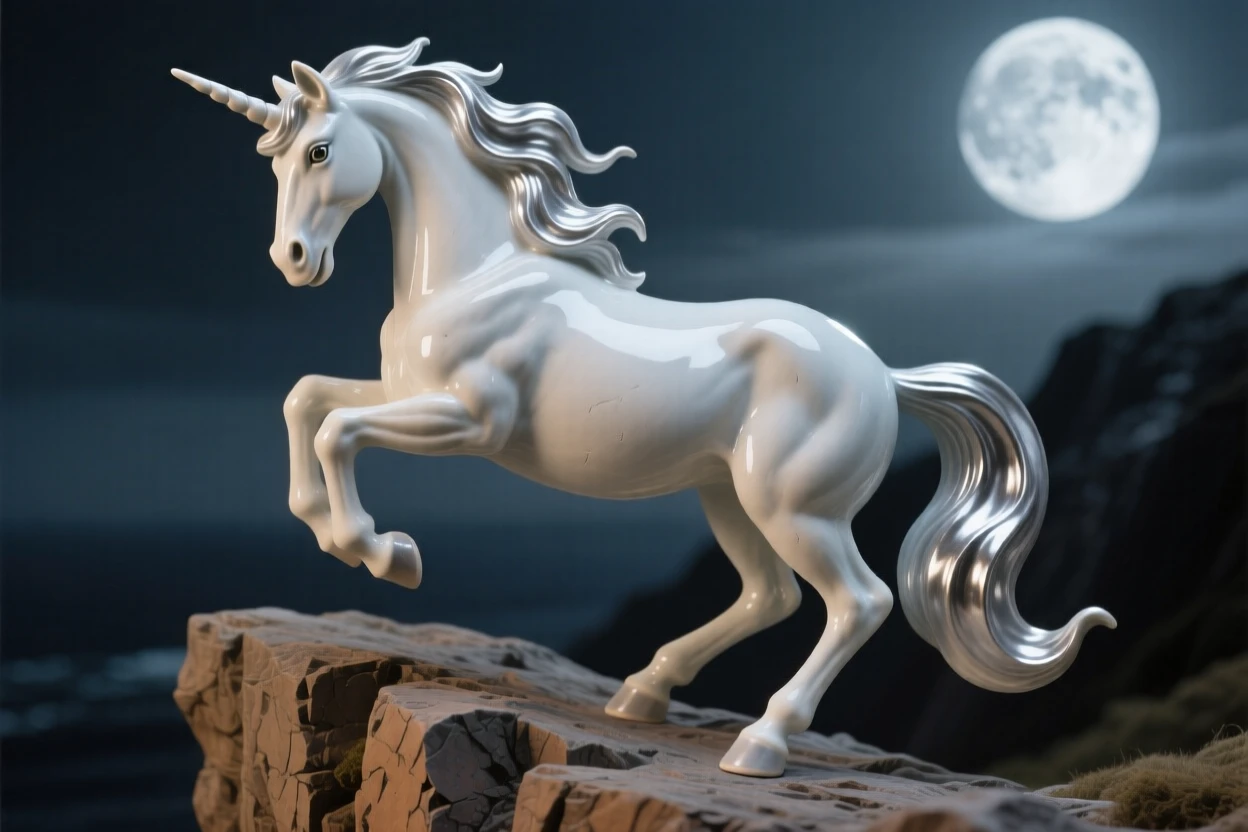 A unicorn rearing beneath moonlight perched watchfully at the edge of a cliff, with a mane that flows like liquid silver, stirring a sense of awe and quiet reverence.
