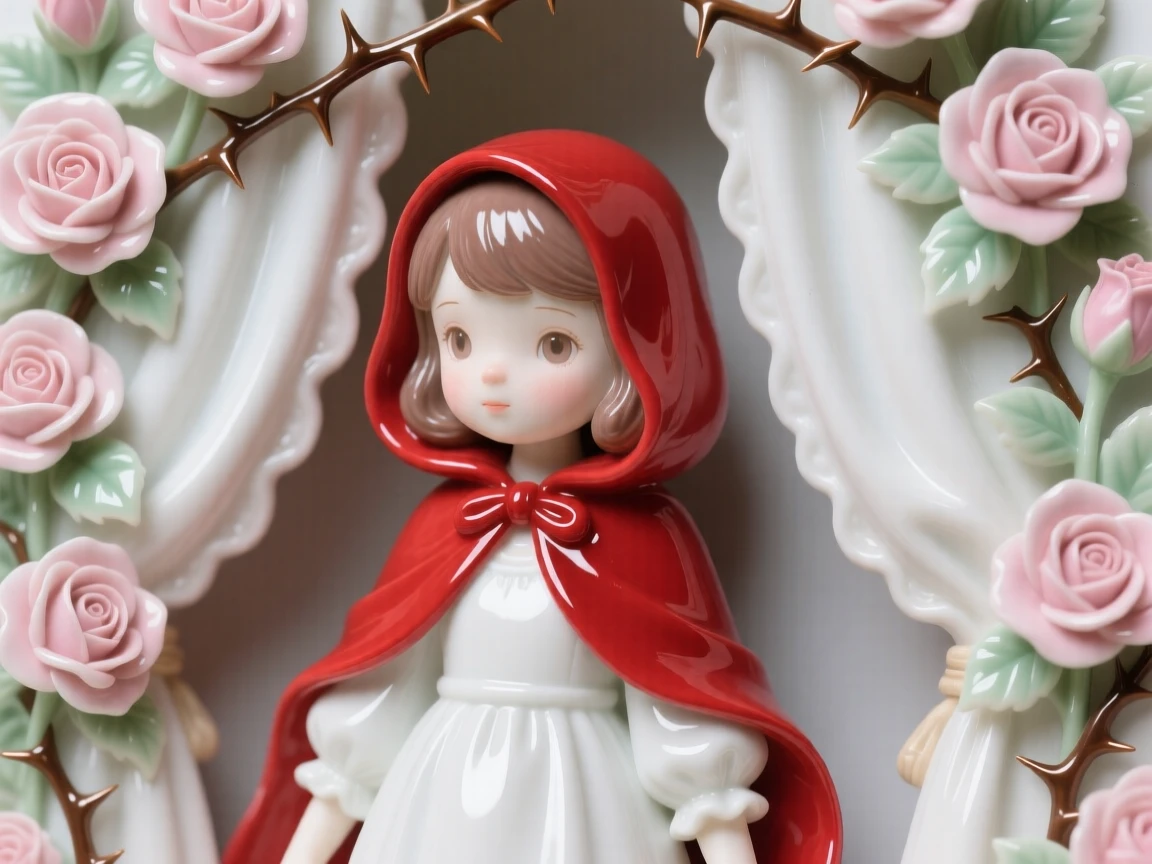 A storybook depiction of Little Red Riding Hood surrounded by a curtain of roses and thorns, evoking the magic of a bedtime tale.