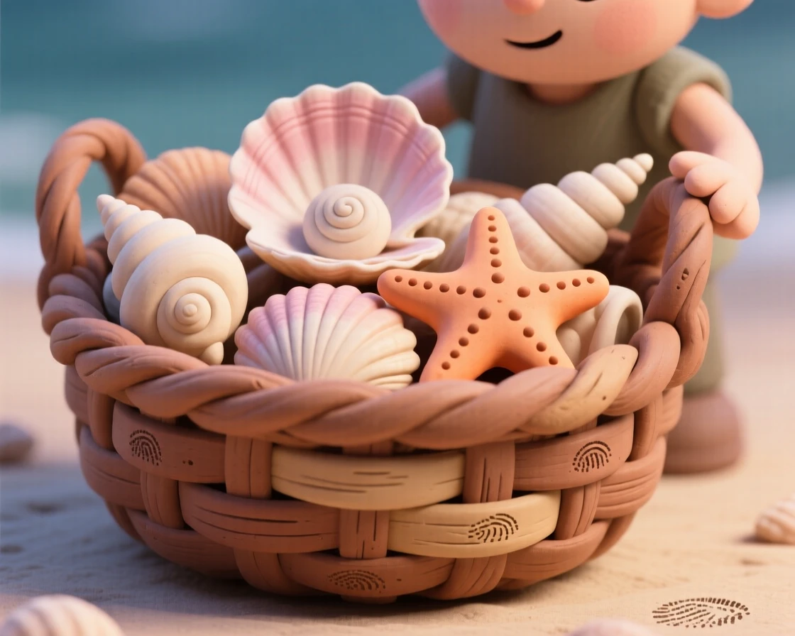 A basket of seashells and starfish collected from a beach walk