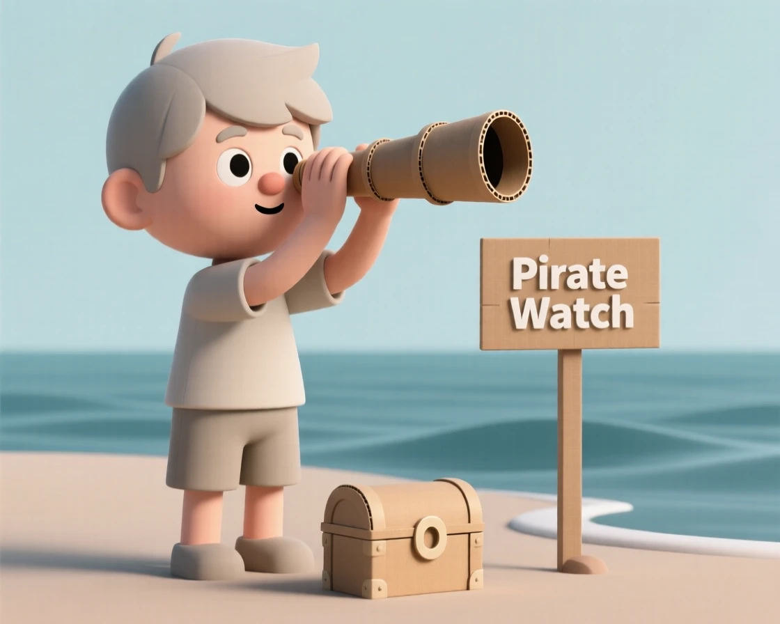 A curious boy peers through a cardboard telescope, pretending to spot pirates on a distant horizon.